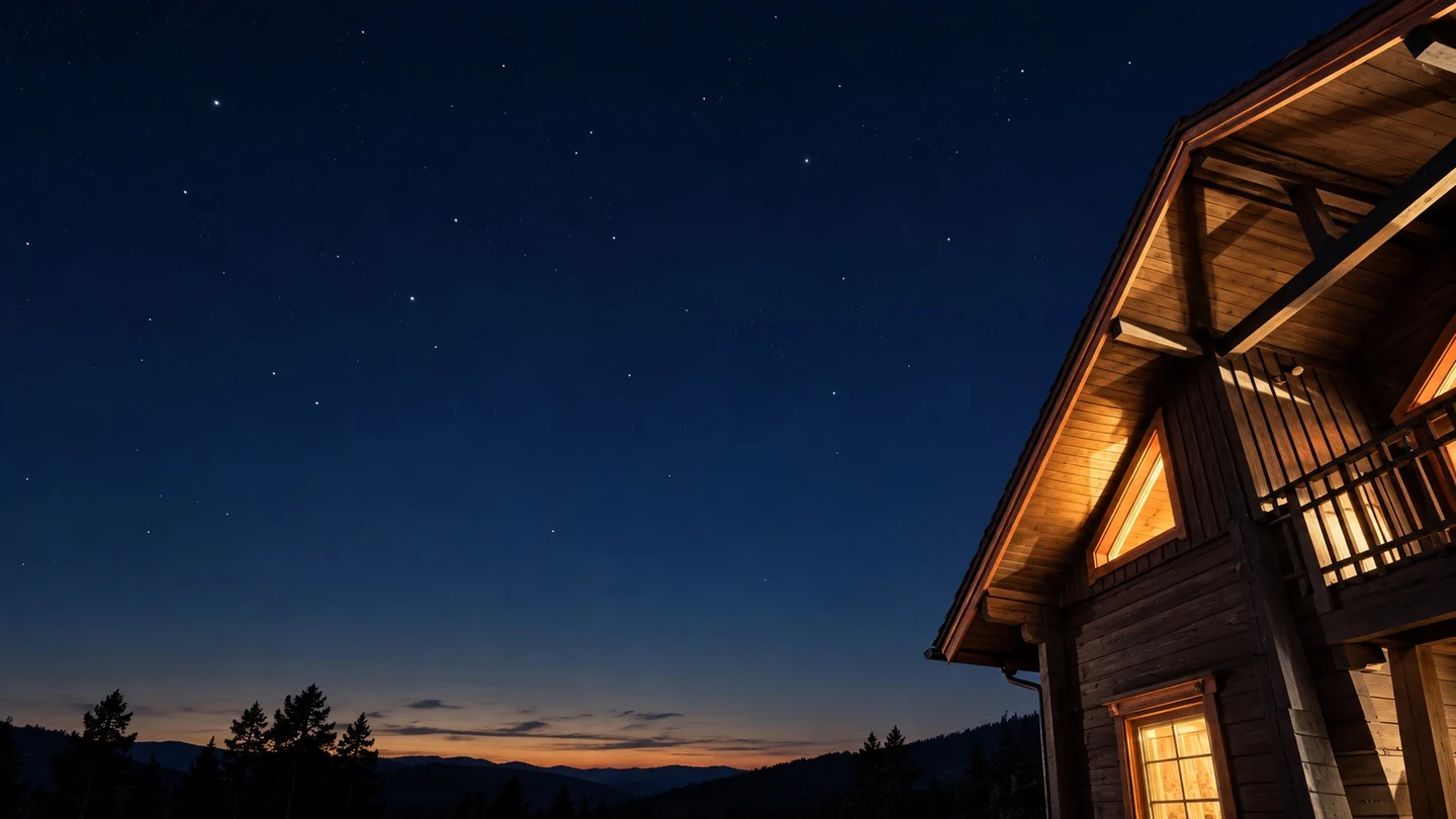 星空の下、窓に明かりが灯るBlueStar館山のログハウス