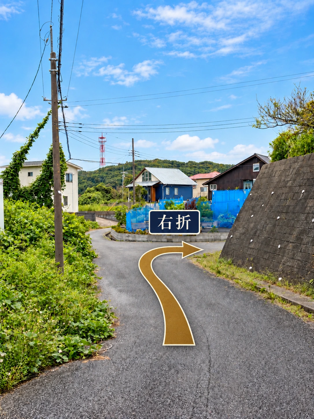 道順4:擁壁に沿って、右へお進みください。