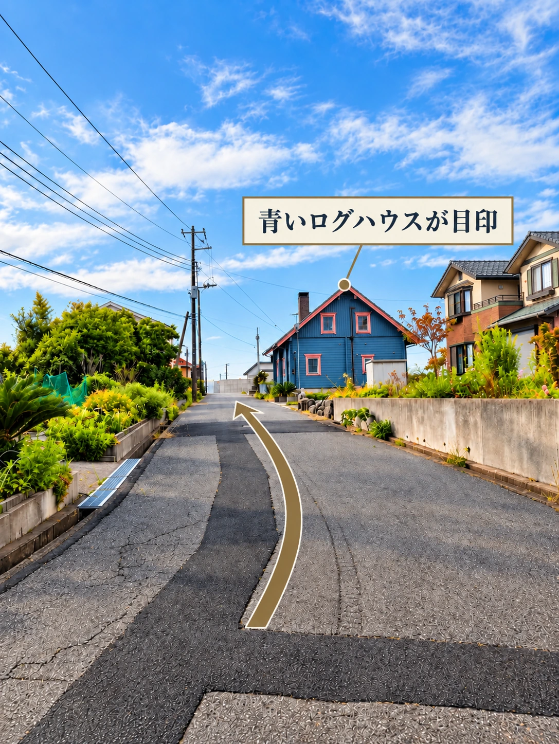 道順6:右手の青いログハウスが目印です。