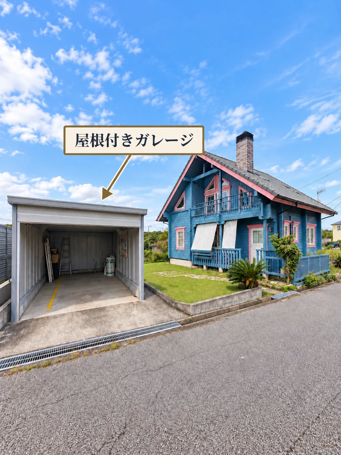 道順8:建物横の屋根付きガレージへ。1台分・高さ制限2.0m。