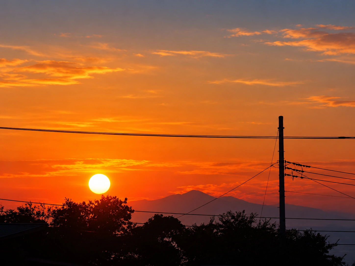 BlueStar館山から望む夕空。木々や電線越しに見える夕日